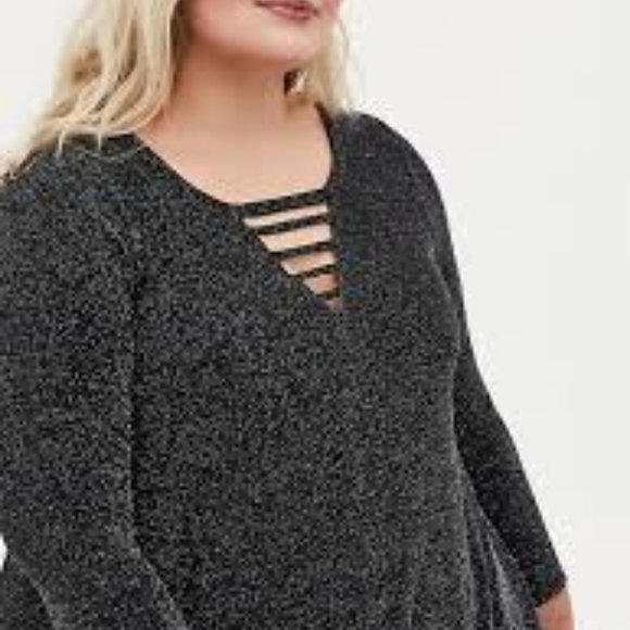 TORRID Black Shimmer Jersey Ladder Neck Mini Trapeze Dress - Picture 6 of 6